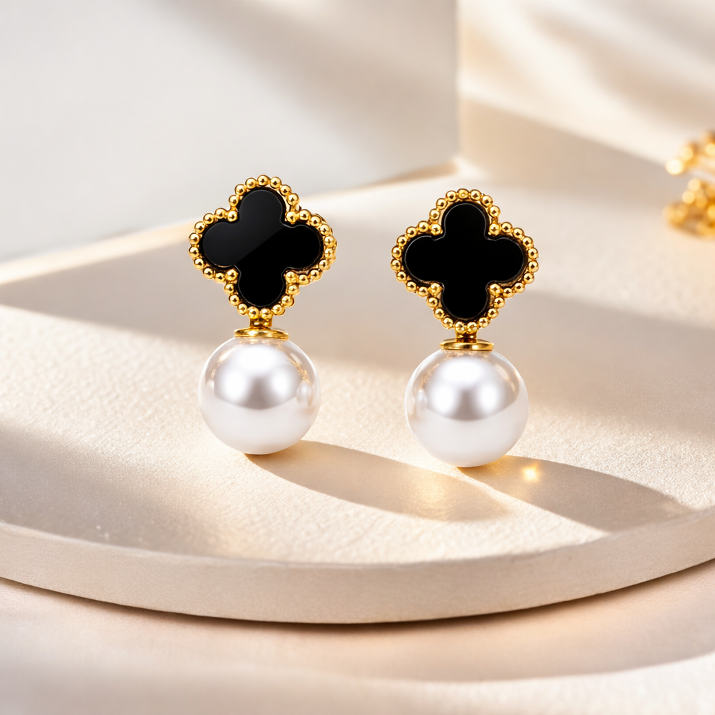 Black Clover Pearl Drop Earrings – Gold Finish