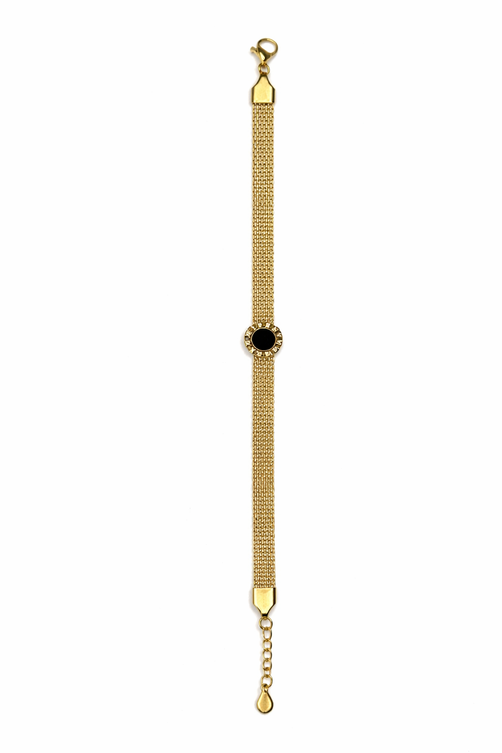 Elegant Gold Mesh Bracelet with Black Roman Dial Charm