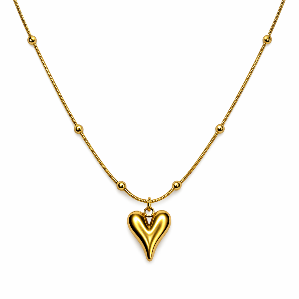 Minimalist Gold Heart Pendant Necklace with Beaded Chain