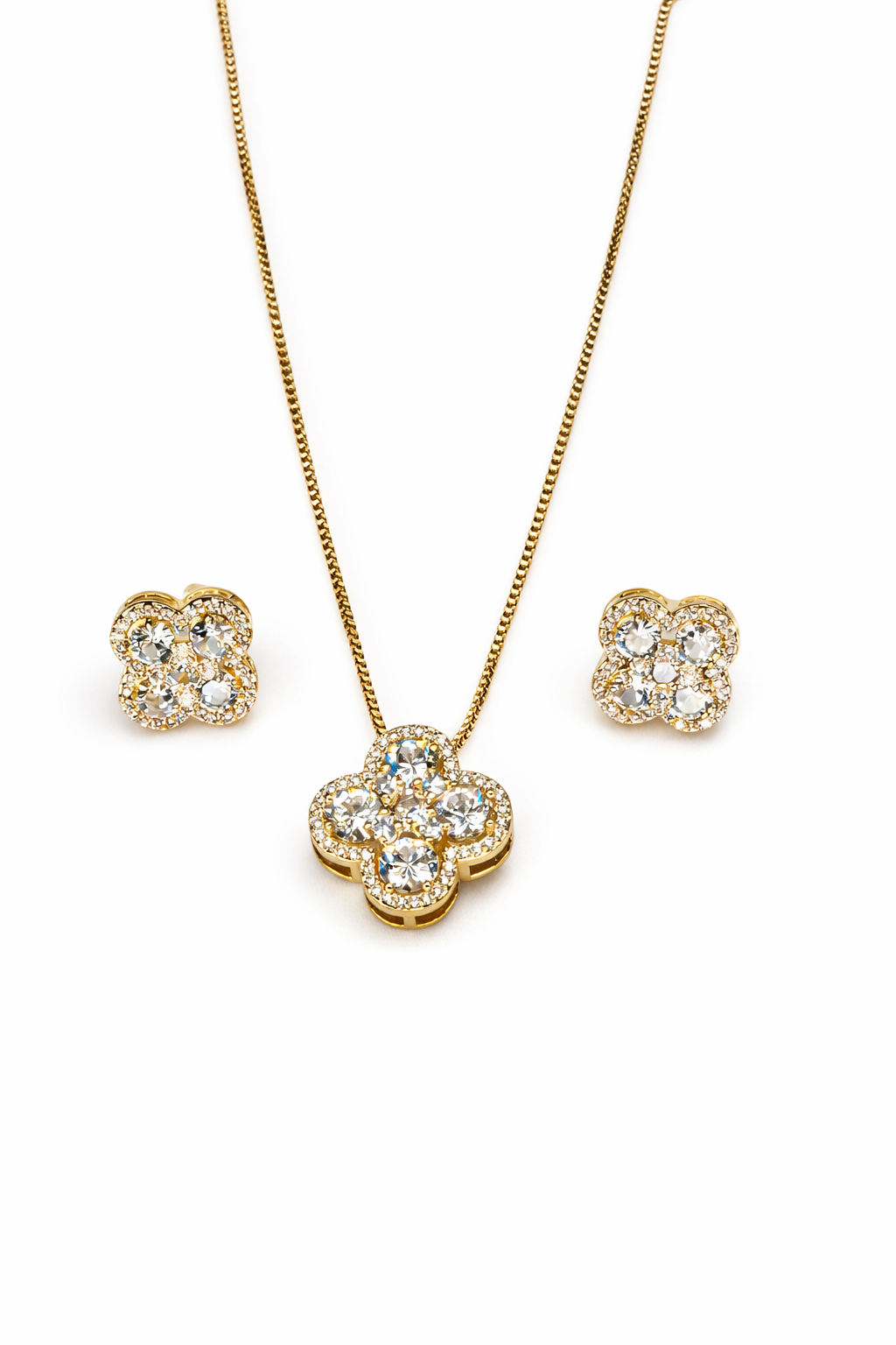 Luxury Gold Floral Crystal Necklace & Stud Earrings Set
