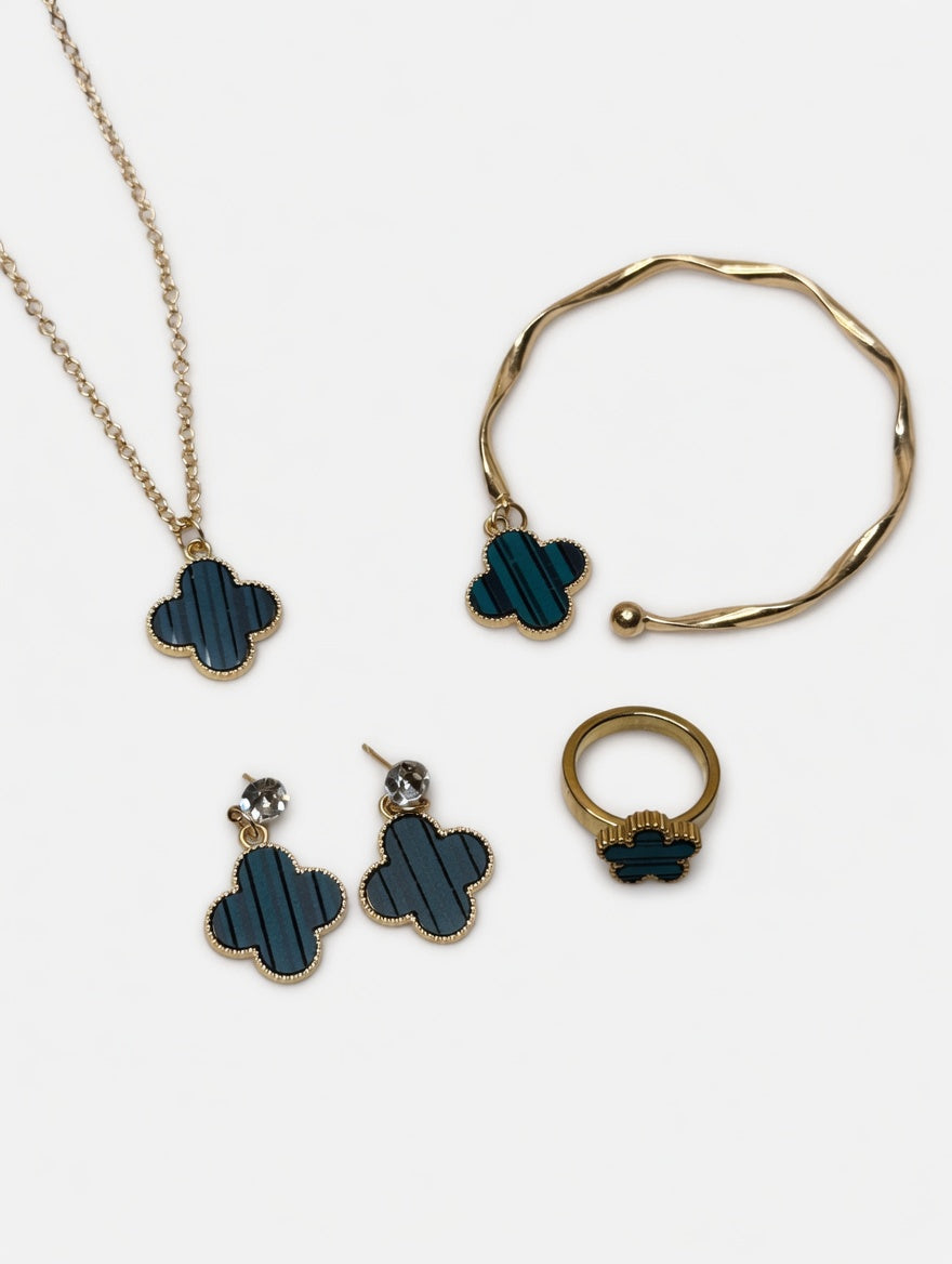 Teal Clover 4-Piece Jewelry Set – Necklace, Bracelet, Earrings & Ring