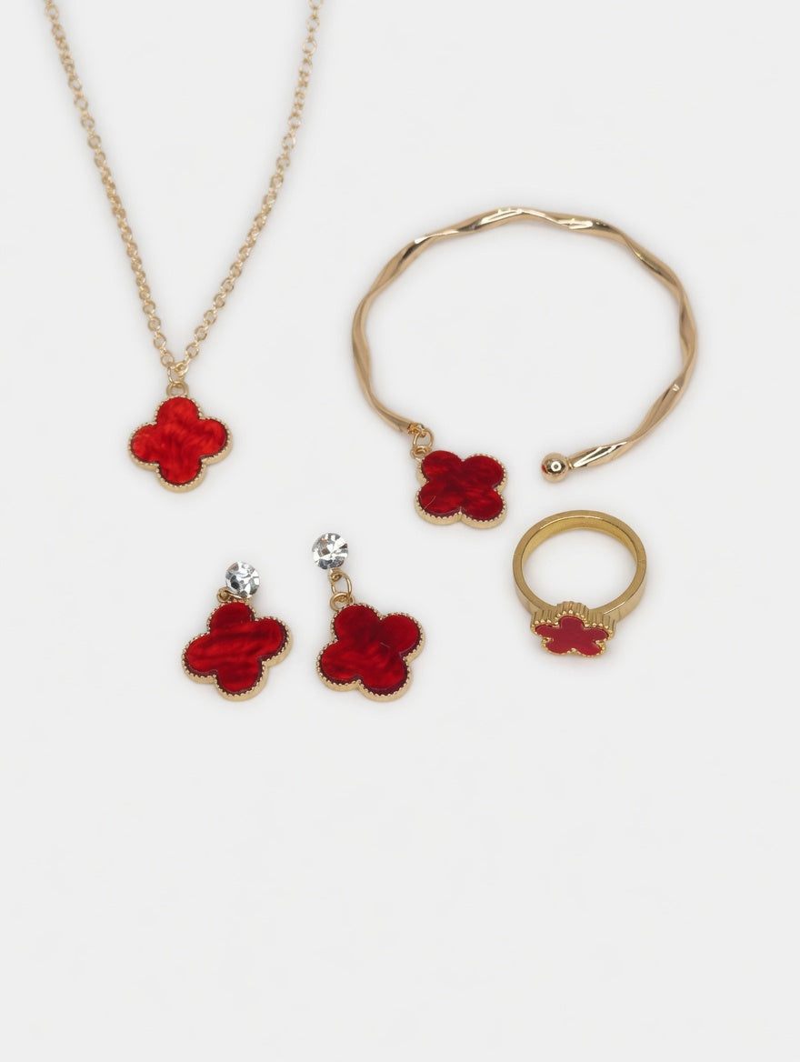 Red Clover 4-Piece Jewelry Set – Necklace, Bracelet, Earrings & Ring