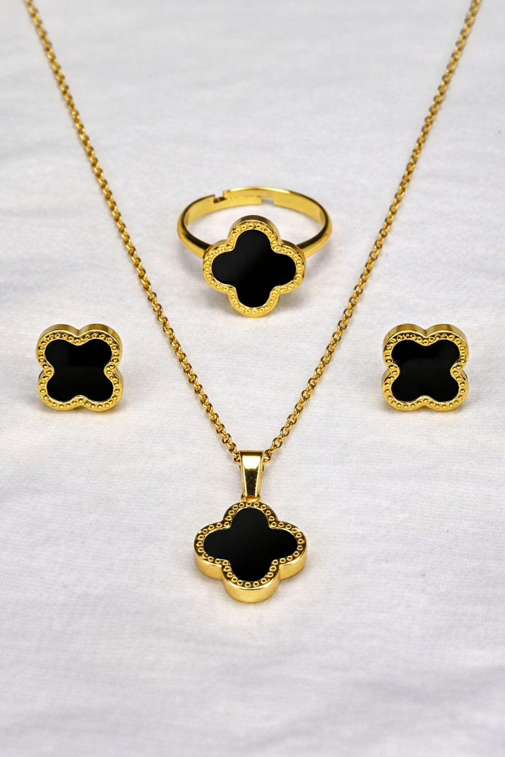 Black Clover Gold Jewelry Set – Necklace, Earrings & Ring