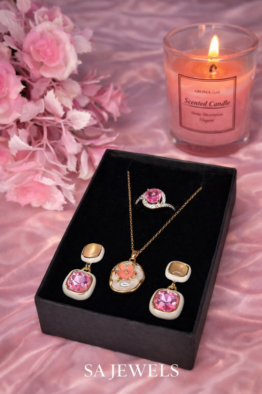 Blush Blossom Luxe Jewelry Set – Necklace, Earrings & Statement Ring