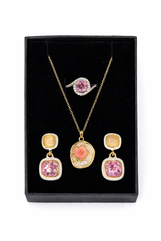 Blush Blossom Luxe Jewelry Set – Necklace, Earrings & Statement Ring