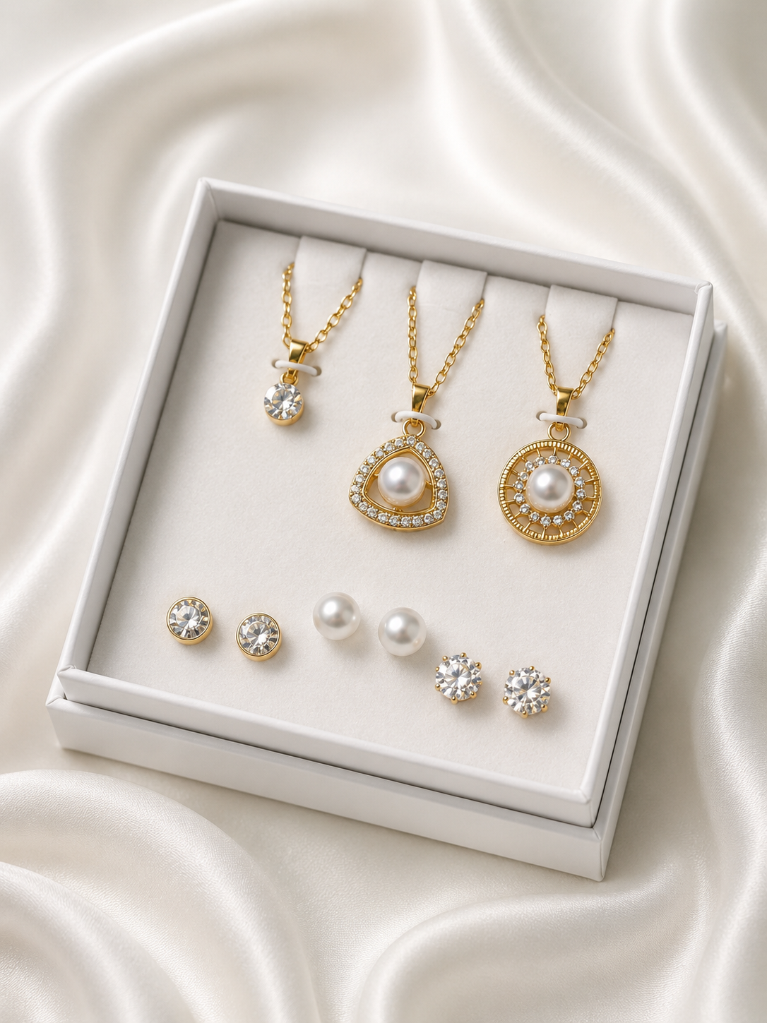 Elegant Gold-Tone Pendant & Stud Earrings Gift Set – Pearl & Crystal Collection (6-Piece Set)