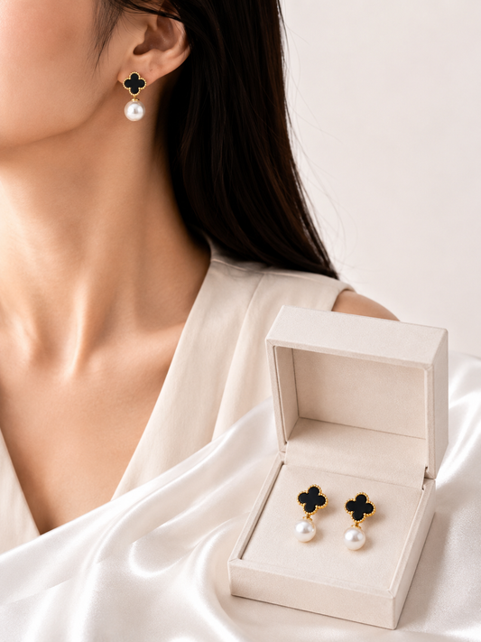 Black Clover Pearl Drop Earrings – Gold Finish