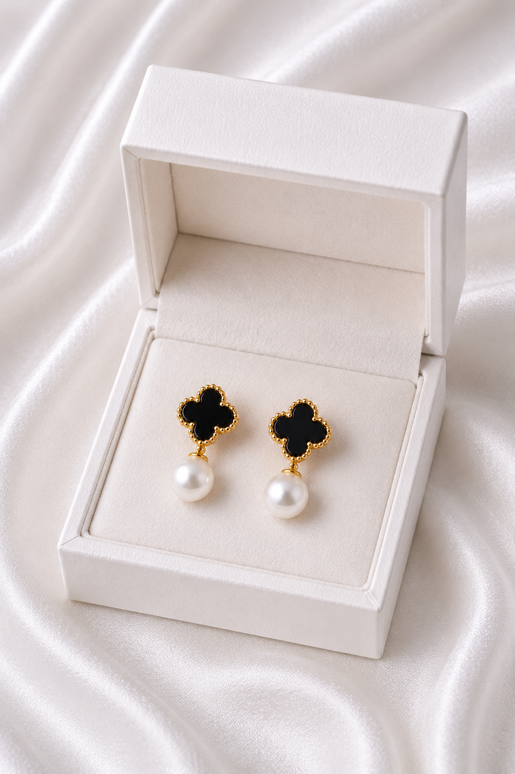 Black Clover Pearl Drop Earrings – Gold Finish