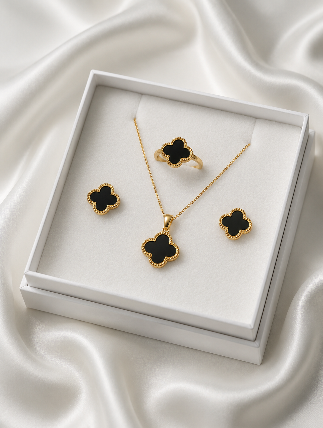 Black Clover Gold Jewelry Set – Necklace, Earrings & Ring