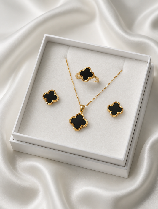 Black Clover Gold Jewelry Set – Necklace, Earrings & Ring