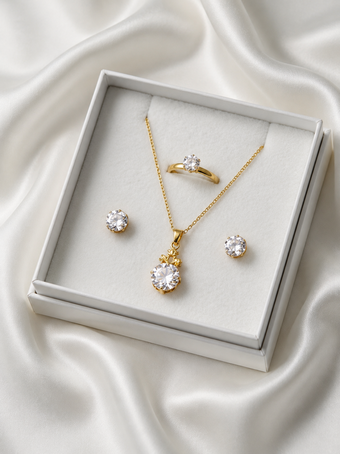 Royal Gold Crystal Pendant Set with Ring & Stud Earrings