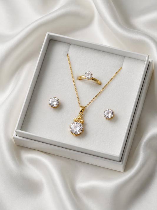 Royal Gold Crystal Pendant Set with Ring & Stud Earrings