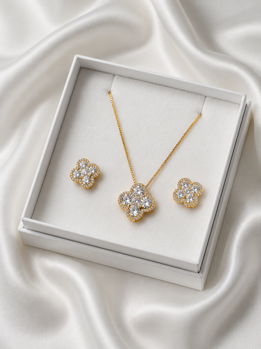 Luxury Gold Floral Crystal Necklace & Stud Earrings Set