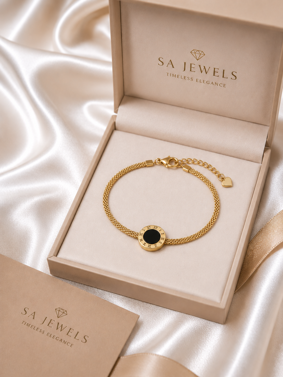 Elegant Gold Mesh Bracelet with Black Roman Dial Charm