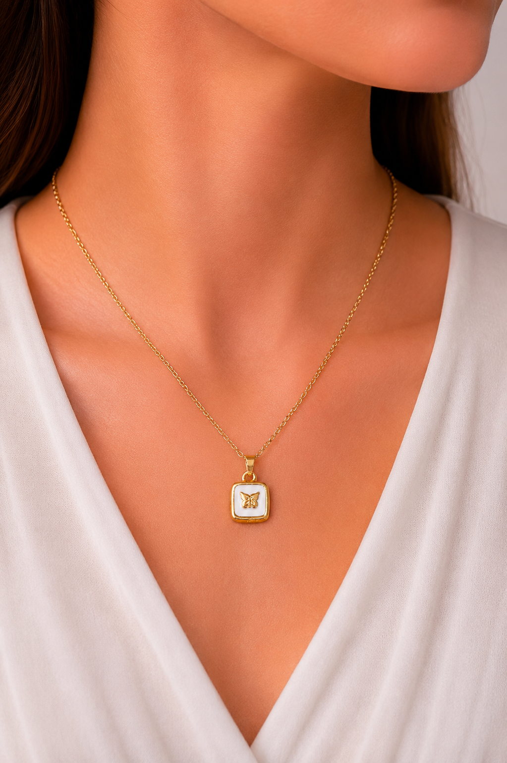 Gold Butterfly Square Pendant Necklace