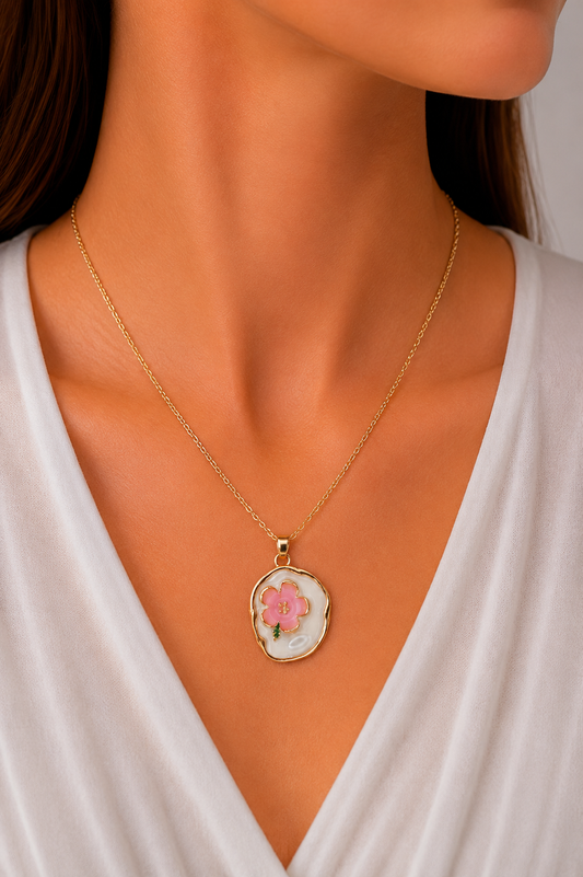 Delicate Pink Flower Pendant Necklace – Gold Chain