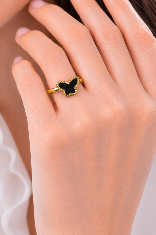 Elegant Gold Butterfly Black Stone Ring-Adjustable