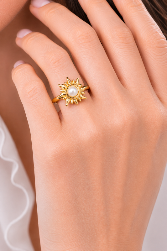 Golden Sunburst Pearl Ring-Adjustable