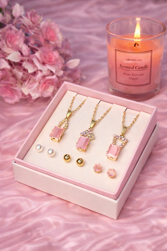 Blush Elegance Pendant & Stud Gift Set – Pink Crystal Collection (Set of 3 Necklaces + Studs)