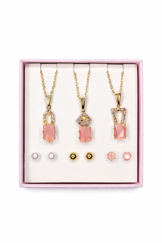 Blush Elegance Pendant & Stud Gift Set β Pink Crystal Collection (Set of 3 Necklaces + Studs)
