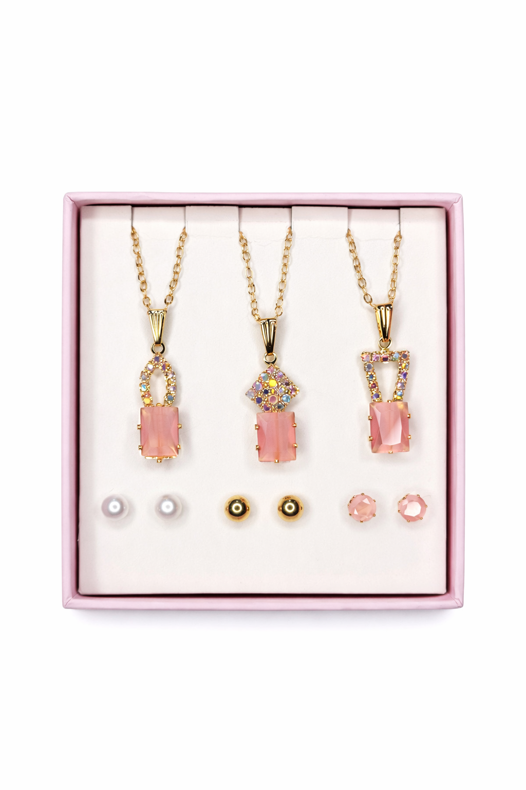 Blush Elegance Pendant & Stud Gift Set – Pink Crystal Collection (Set of 3 Necklaces + Studs)