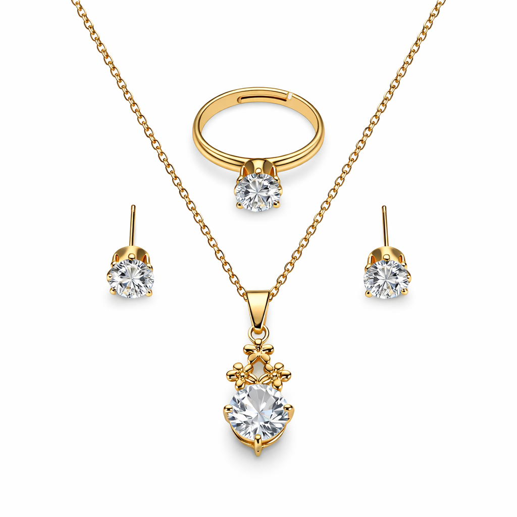 Royal Gold Crystal Pendant Set with Ring & Stud Earrings