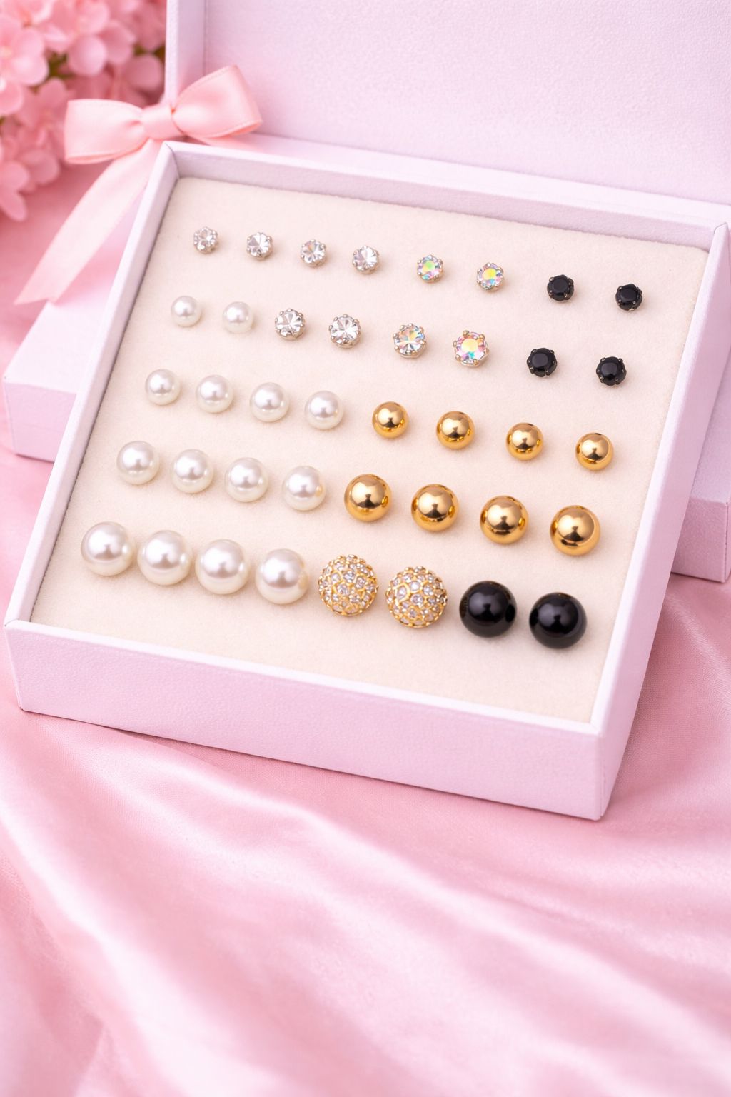 24-Pair Elegant Stud Earrings Set – Crystal, Pearl & Classic Black/Gold Collection
