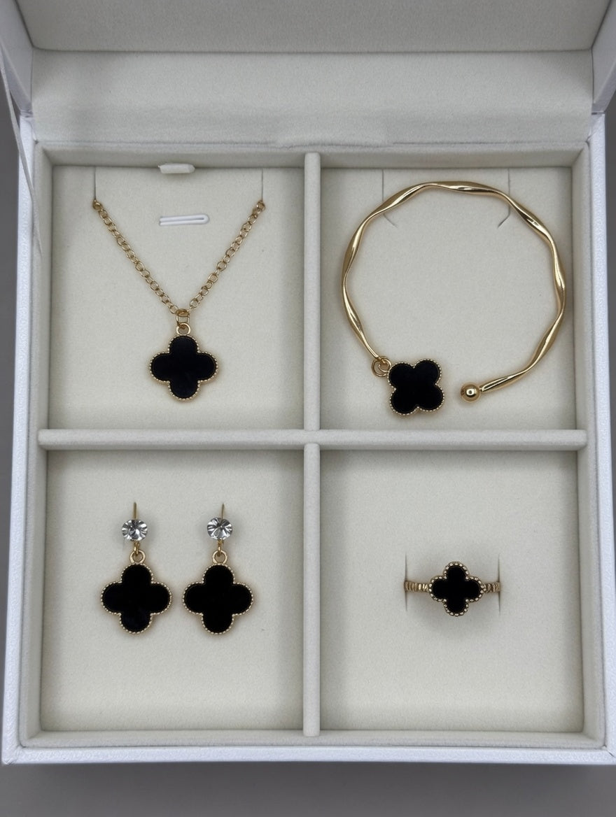 Black Clover 4-Piece Jewelry Set – Necklace, Bracelet, Earrings & Ring