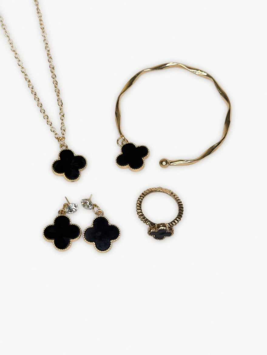 Black Clover 4-Piece Jewelry Set – Necklace, Bracelet, Earrings & Ring