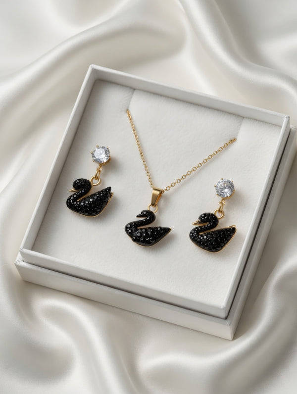 Black Swan Crystal Pendant Necklace & Earring Set
