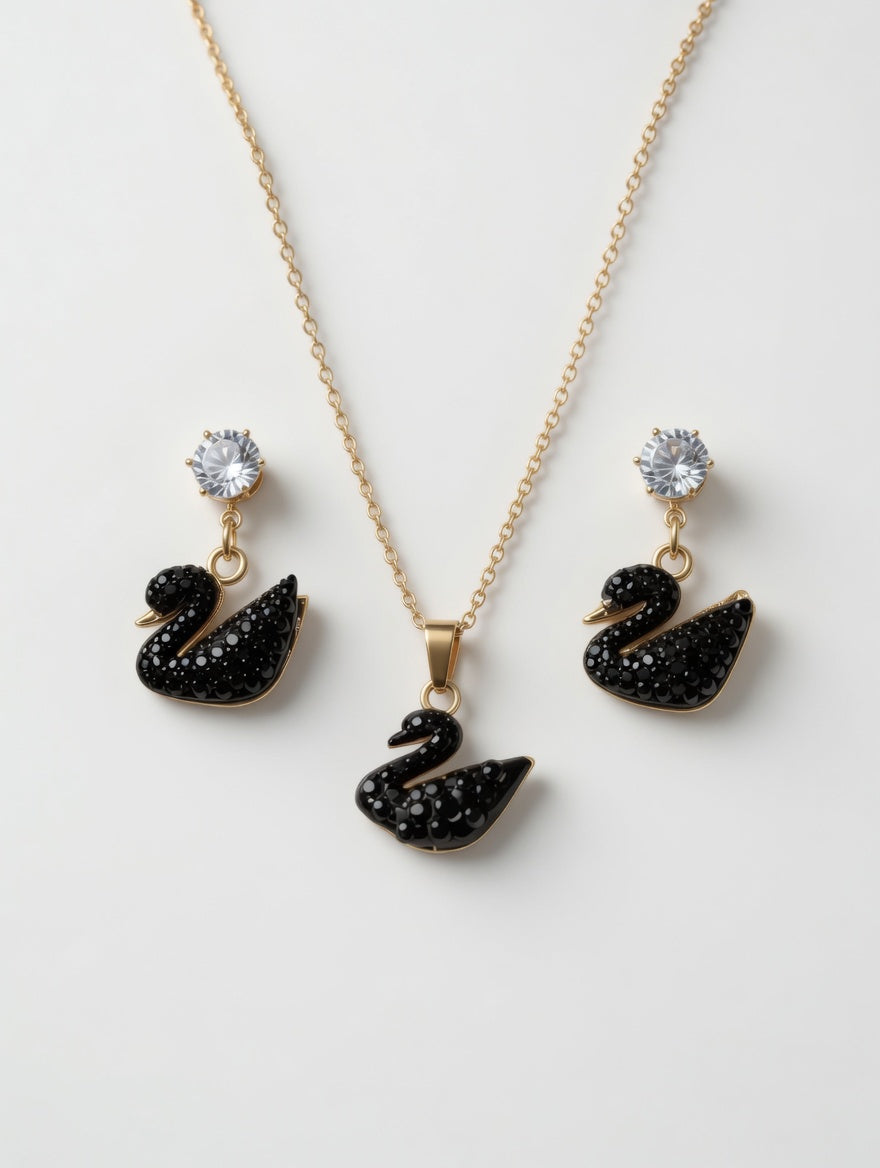 Black Swan Crystal Pendant Necklace & Earring Set