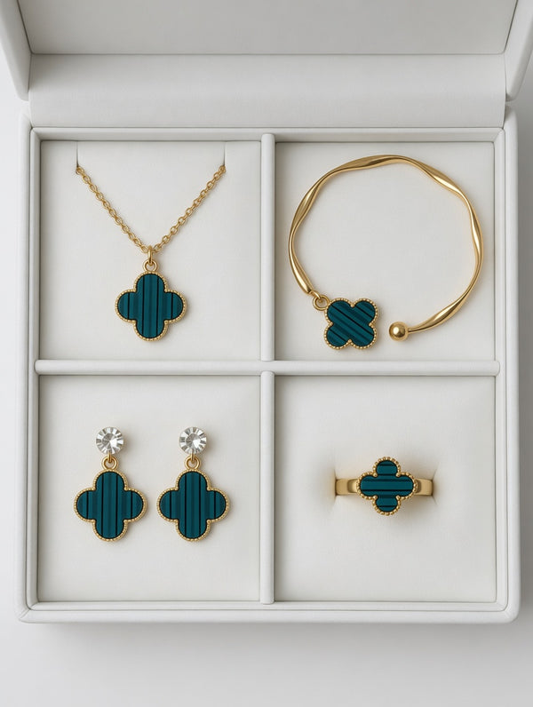 Teal Clover 4-Piece Jewelry Set – Necklace, Bracelet, Earrings & Ring
