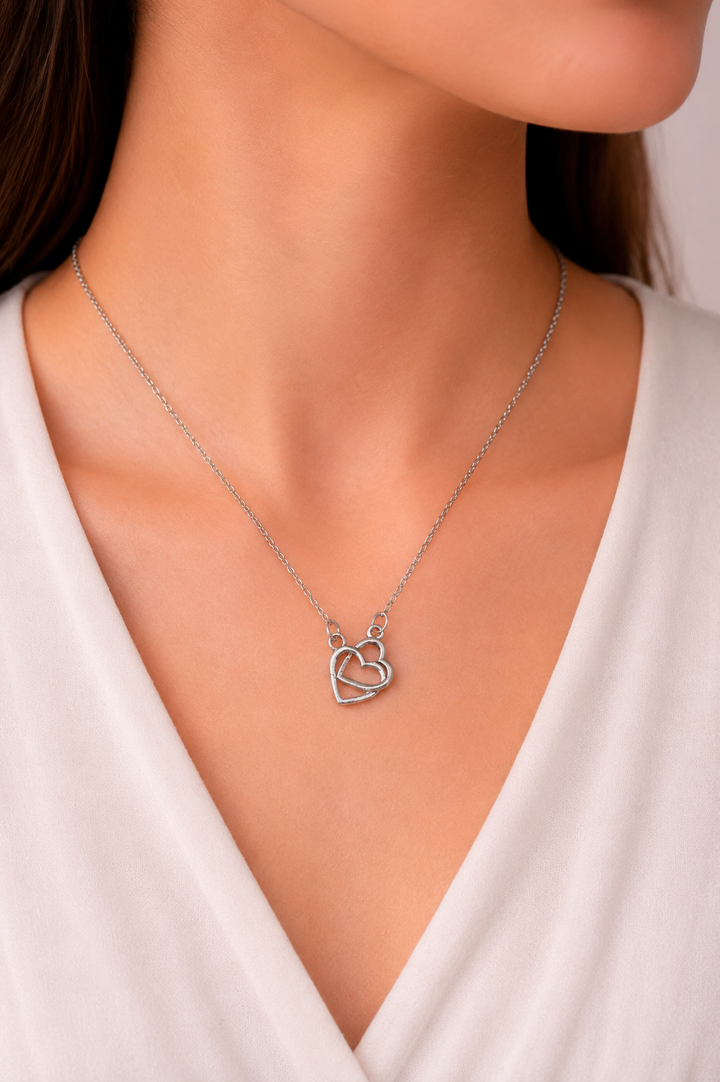 Elegant Double Heart Silver Necklace
