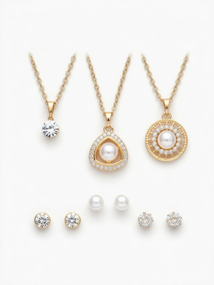 Elegant Gold-Tone Pendant & Stud Earrings Gift Set – Pearl & Crystal Collection (6-Piece Set)