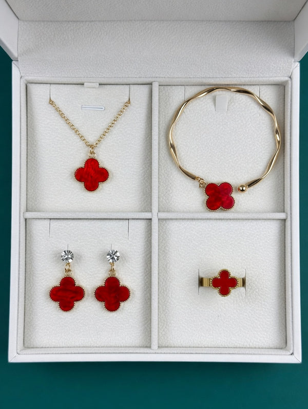 Red Clover 4-Piece Jewelry Set – Necklace, Bracelet, Earrings & Ring
