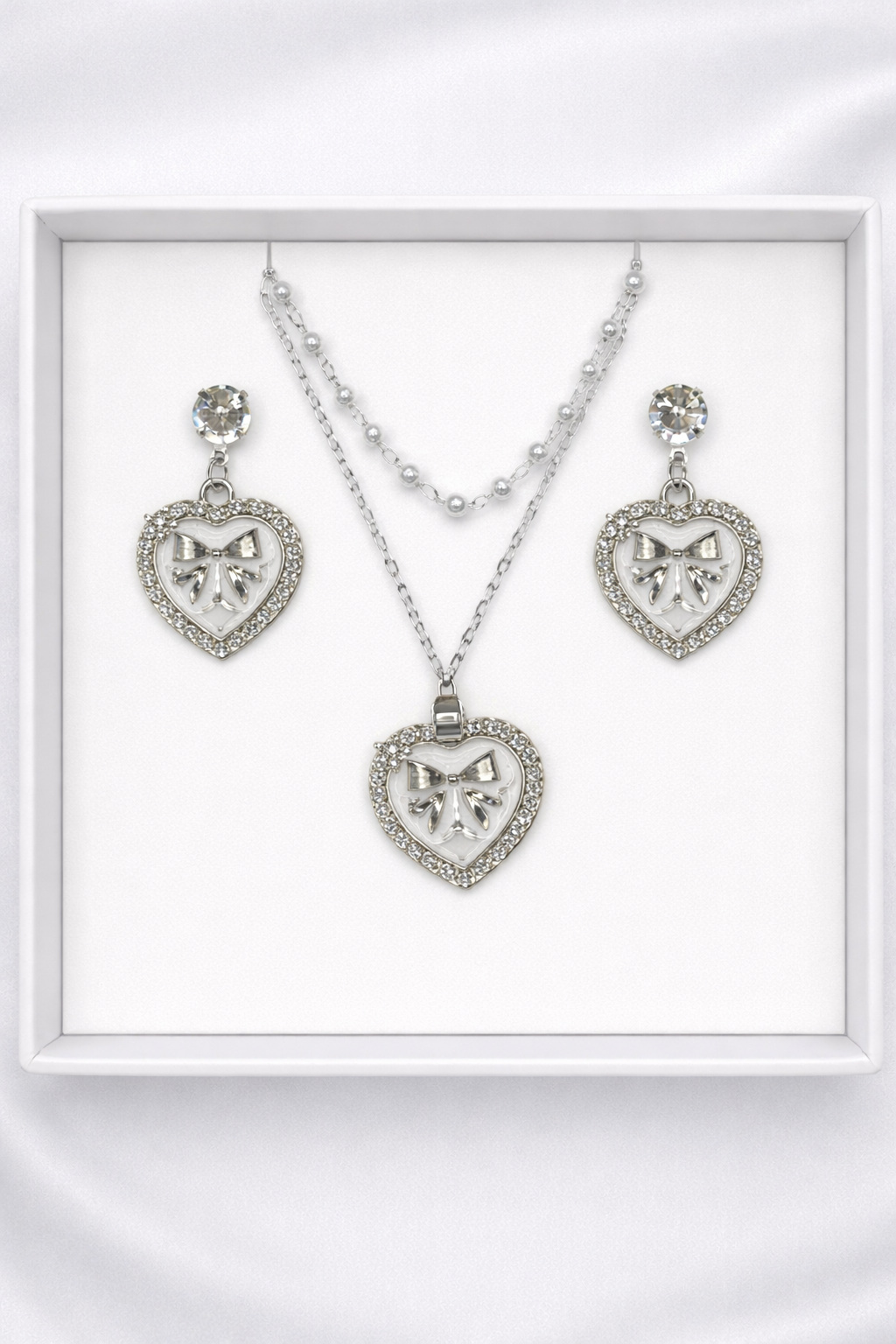 Silver Bow Heart Jewelry Set