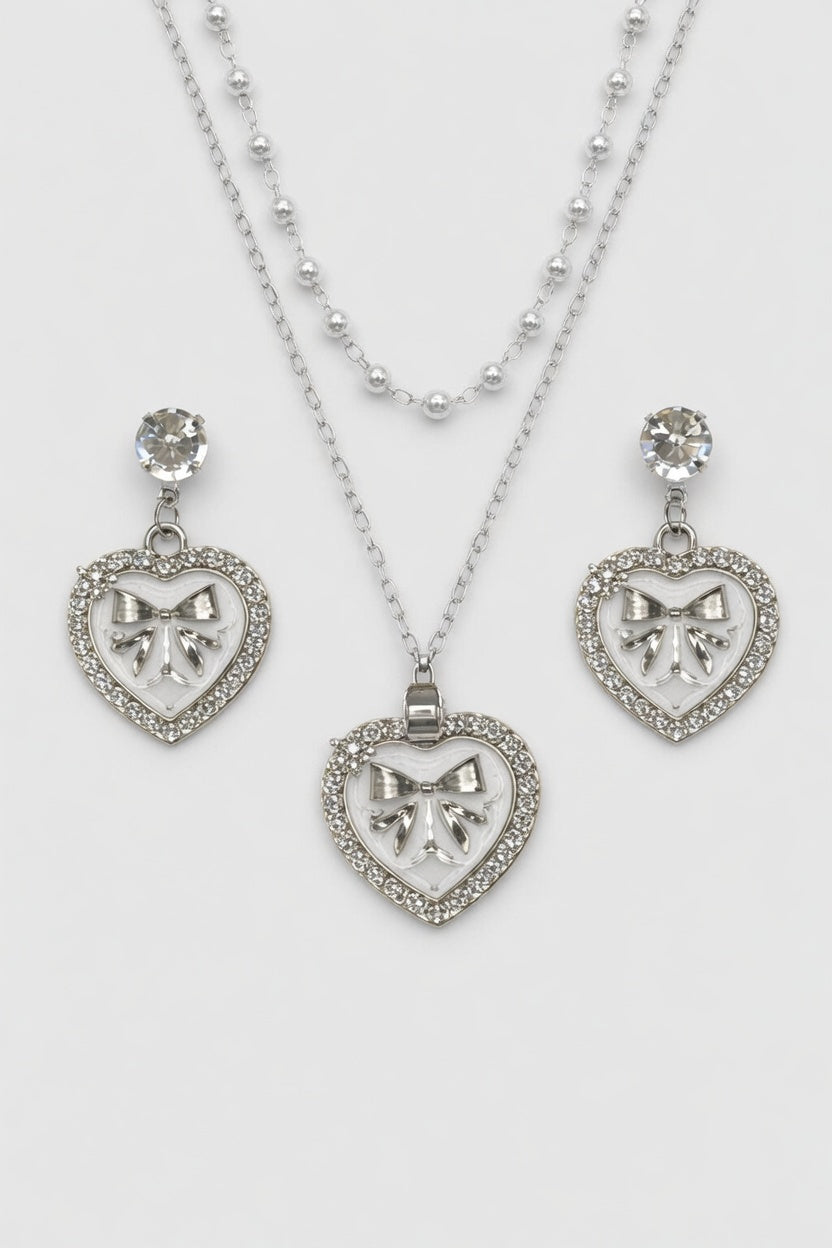 Silver Bow Heart Jewelry Set